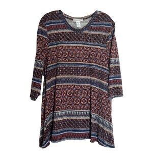 Serengeti Boho Knit Tunic Sweater Top Plus 2X Scoop Neck 3/4 Sleeve Earth Tone